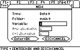 Graphing calculator screen showing 'NEW' Data/Matrix Editor setup with fields for Type (Data), Folder (main), and Variable (c), plus Enter=OK and ESC=Cancel options.
